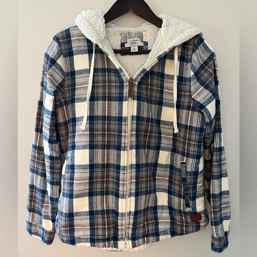 L.L. Bean Scotch Plaid Flannel Sherpa Lined Zip Up Hoodie - Picture 1 of 9